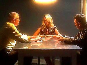 Seductive Blonde Bombshell, Jessica Drake, Gets Interrogated By Two Detectives In A Revealing Room. Watch As Desires Unfold In This Real-life Encounter. Porn