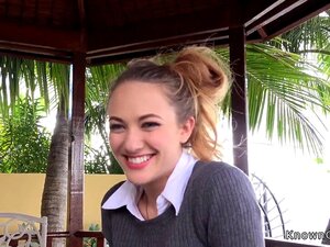 Brunette student Samantha Hayes studying by the water when stranger starting conversation with her and then she finishing with huge dick in herm outh and pussy